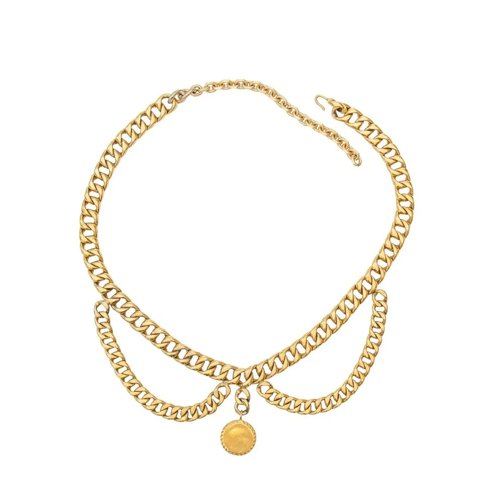 RARE Vintage Chanel Gold Tone Chain Belt CC Clover Medallion Adjustable 37